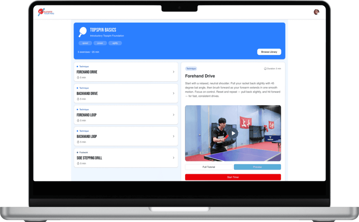 Elevate Your Ping platform on a laptop, showing table tennis video analysis