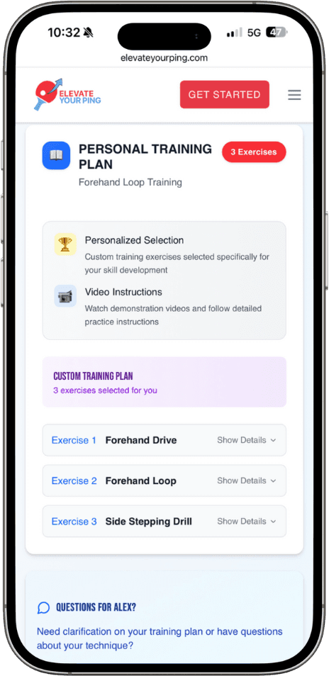 Personalized training plan interface showing custom drills and practice instructions